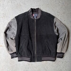 Vintage Free Country Mens Suede Leather Bomber Jacket Black Grey Varsity M